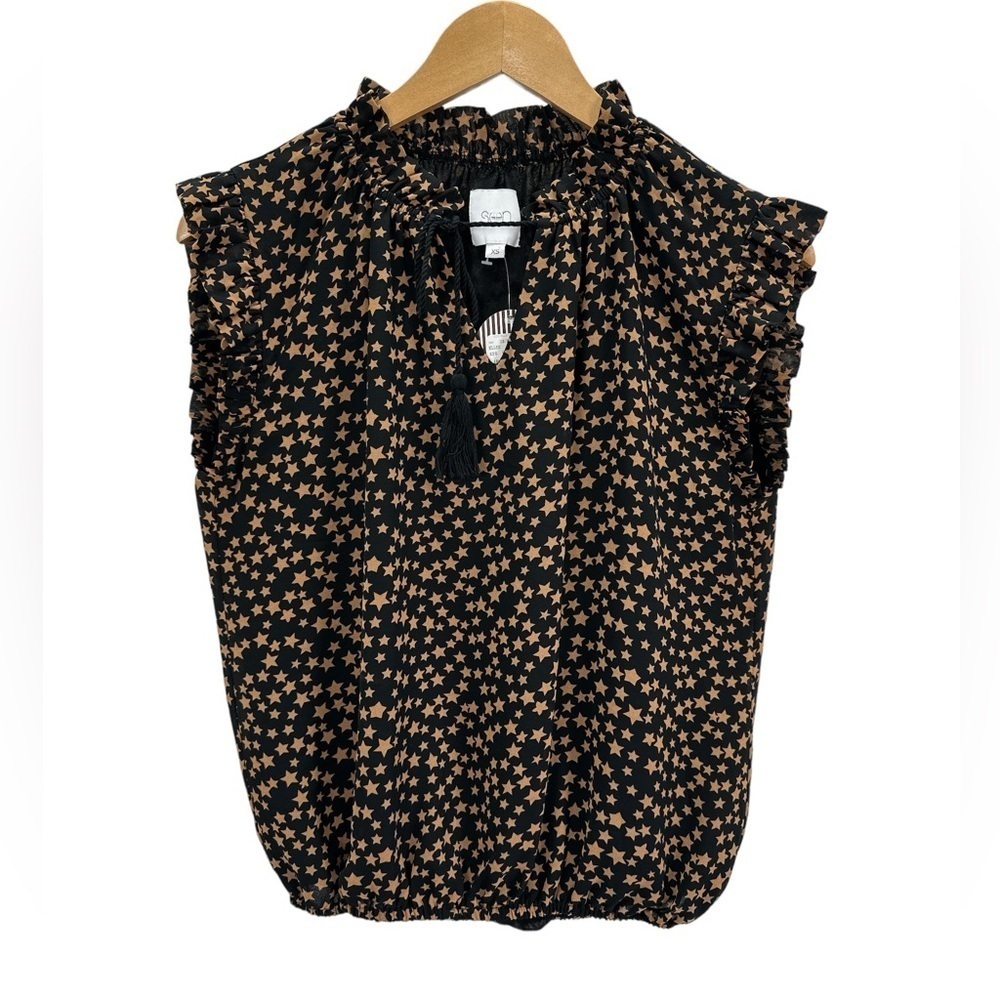 SEN Ellen Celestial Star Sleeveless Ruffle Tie Neck Blouse Top Black Gold XS